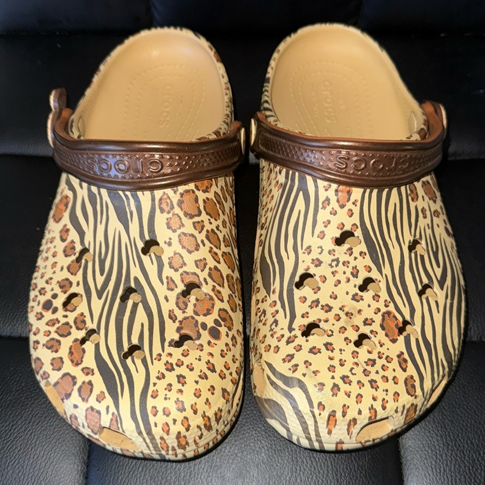 CROCS Animal Print Clogs - Brown and Tan
